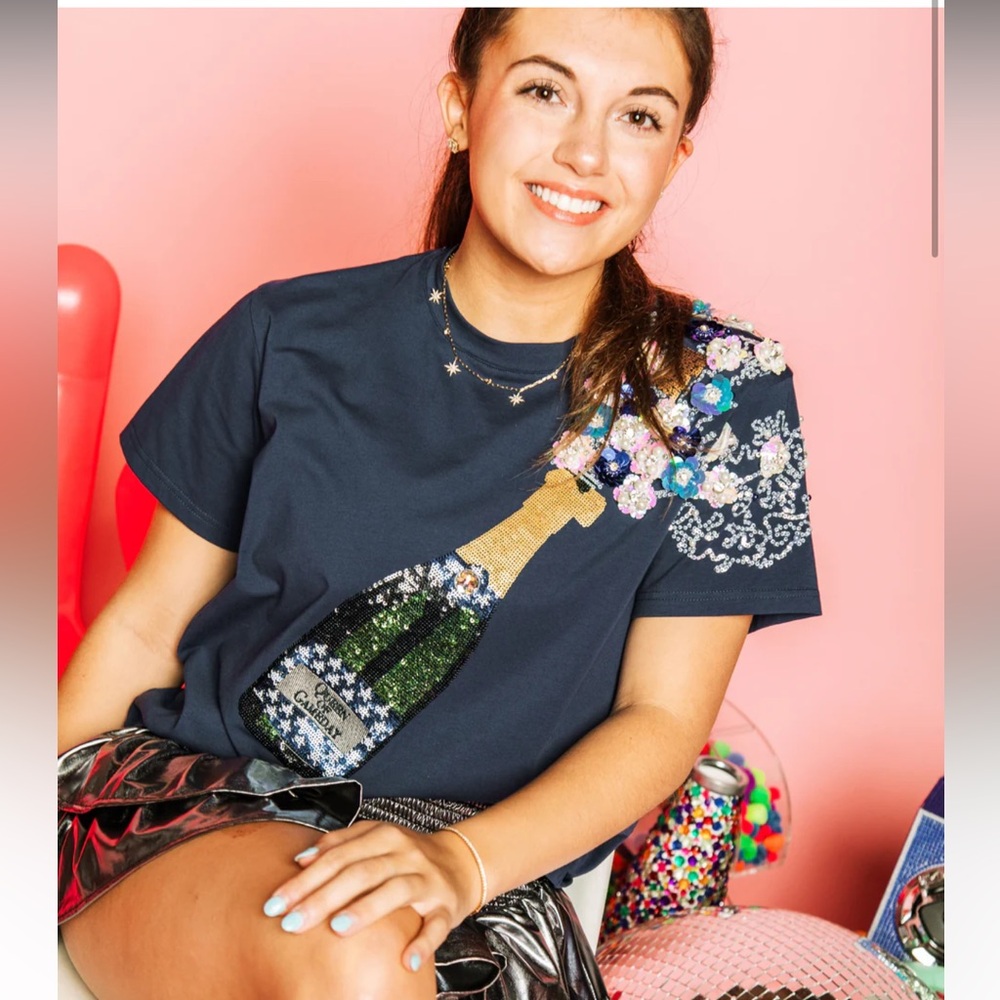 New! QUEEN OF SPARKLES Navy & Silver Star Tee Popping Champagne Tee - Picture 3 of 13